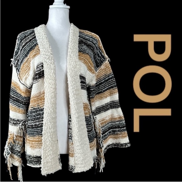 POL Black & Cream Cardigan Sweater w/Bohemian Stripes, Size S. - Picture 1 of 10